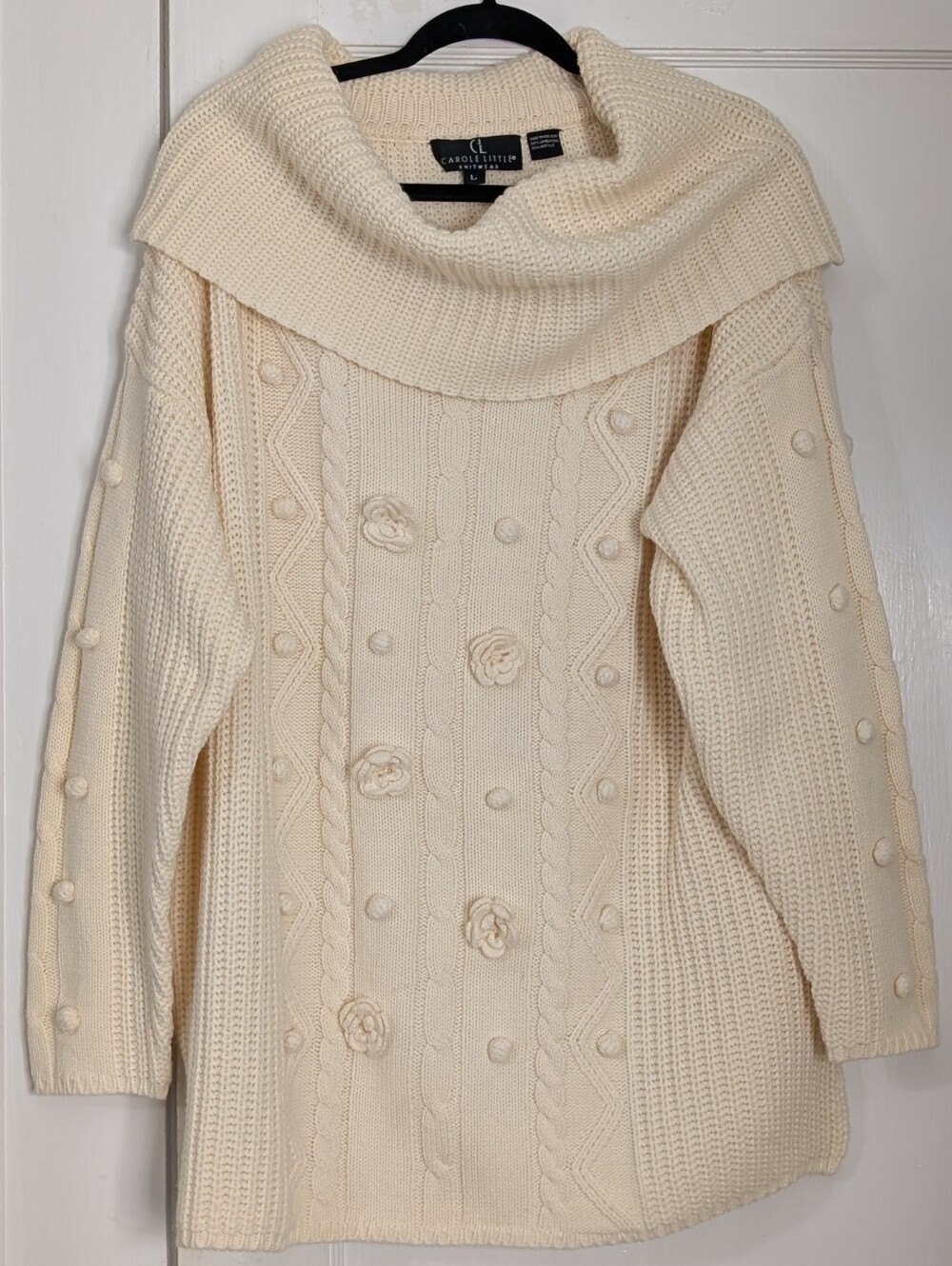 Carole Little Lambswool Sweater Sz L Cable Knit Floral Cowl Neck Cottagecore Vtg